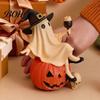Decorative Bar Accessories Cute Ghost Figurine, Sitting on Pumpkin Statue with Witch Halloween Table Decor Hat, Resin Tabletop Ornament for Home Party