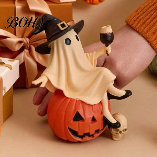 Decorative Bar Accessories Cute Ghost Figurine, Sitting on Pumpkin Statue with Witch Halloween Table Decor Hat, Resin Tabletop Ornament for Home Party
