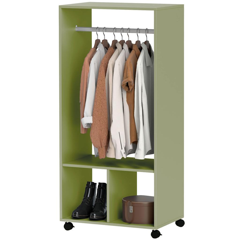 Open Wardrobe On Wheels, Bedroom Wardrobe with Clothes Hanging Rail, 2 Storage Shelves, Mobile Garment Rack for Cloakroom, Hallway, Green