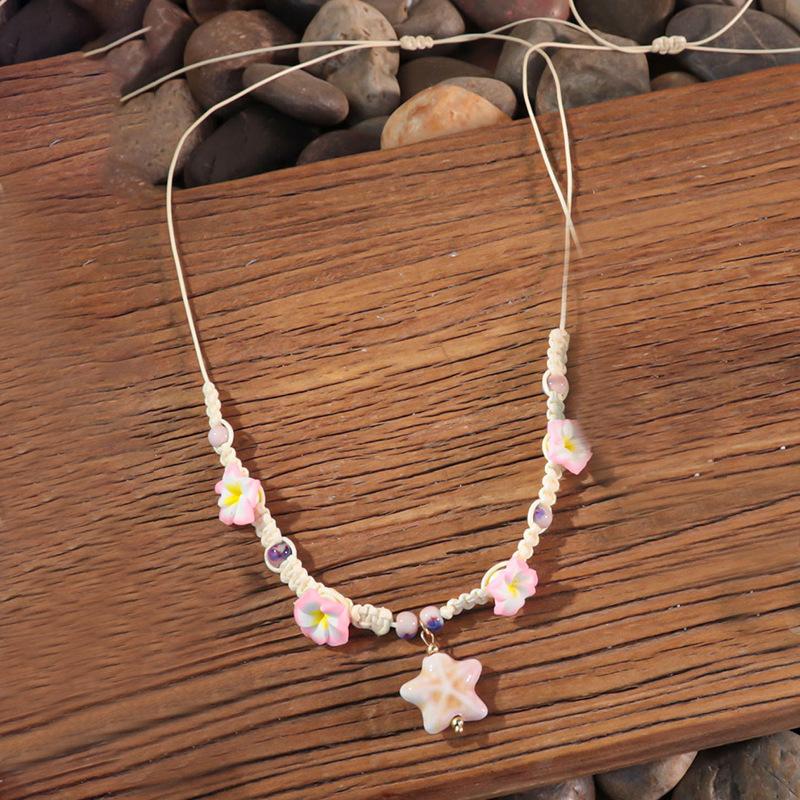 Ocean Elements Ceramic Starfish Turtle Necklace Bracelet Set, Three-dimensional Soft Pottery Flower Adjustable Weaving Jewelry
