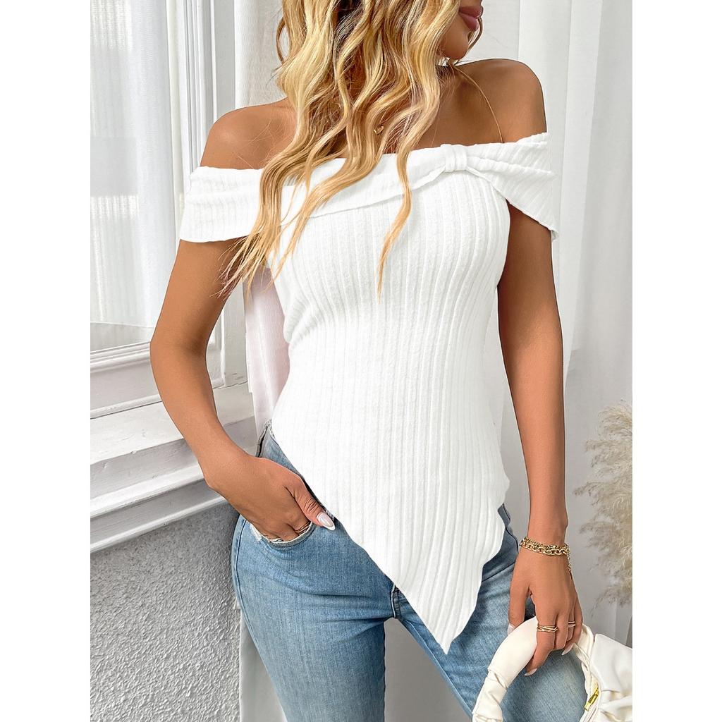Summer Women's Slim Asymmetrical One Shoulder Sweet Sexy T-shirt Top, Crossbody Europe America Casual Tee