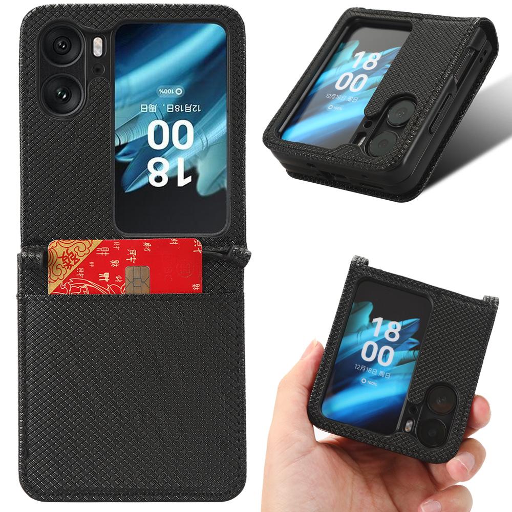

Для Oppo Find N2 Flip 5G Чехол для складного телефона из искусственной кожи с ромбовидной текстурой, противоударная накладка на телефон со слотом для карт Black