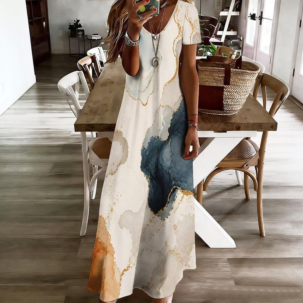 Women Plus Size V Neck Short Sleeve Abstract Printed Long Maxi Dress
