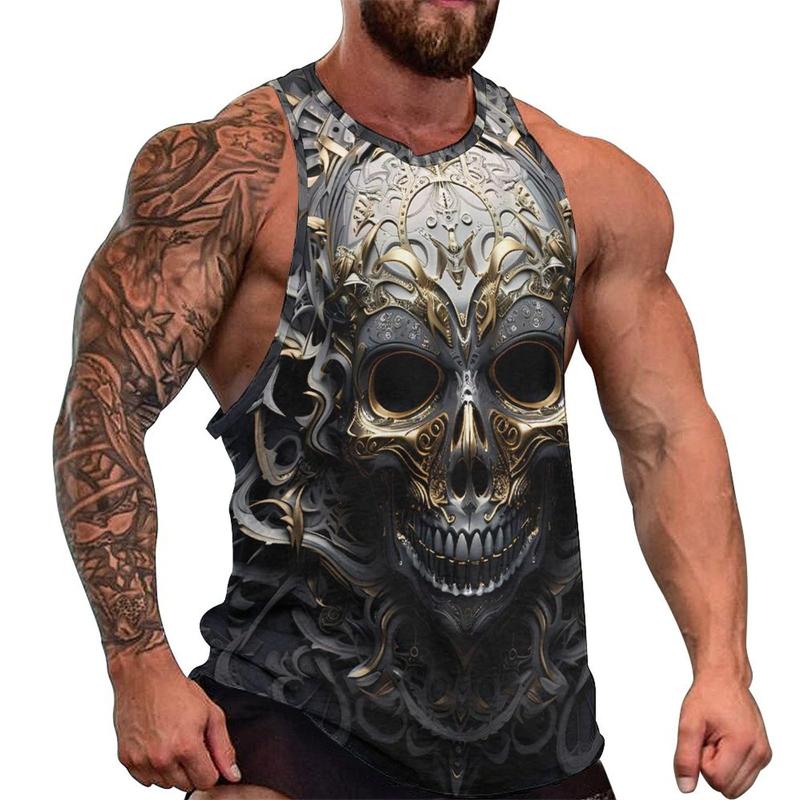 Summer Round Neck 3D Fashion Skull Printed Top Fashionable Casual Hip-hop Sleeveless Vest Men's T-shirts