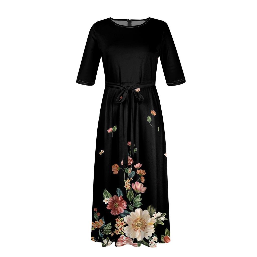 Dámská ležérní móda Velká velikost s přechodovým potiskem s kulatým výstřihem, tříčtvrtečním rukávem, popruhy na kapsy, houpací šaty