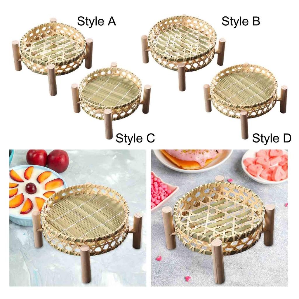 Serving Tray Dessert Plate Rustic Round Woven Storage Basket Fruit Rack for Coffee Table Dining Room Kitchen Picnics Living Room