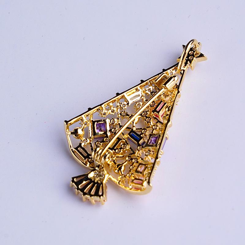 "Colorful Zircon and Pearl Christmas Tree Brooch - Gold-Plated Holiday Pin"