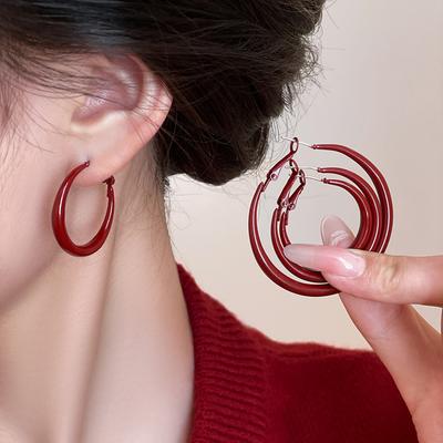 Hong Kong Style Retro Red Round Plain Ring Earrings Earrings Personalized Versatile Earrings Women