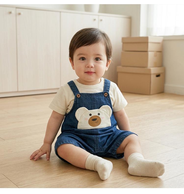Toddler Boys' Cartoon Denim Overalls & T-Shirt Set - Casual Summer Wear