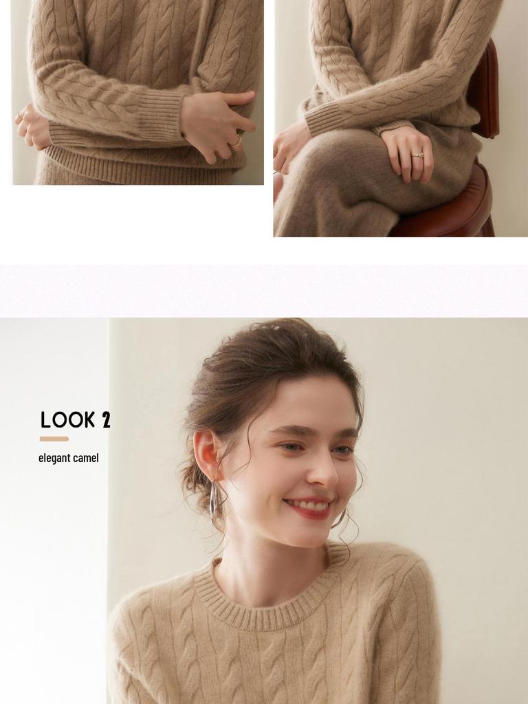 2025 Autumn/Winter Retro Old Money Style Women's Cashmere Round Neck Cable Knit Loose Sweater - Solid Color Base Layer