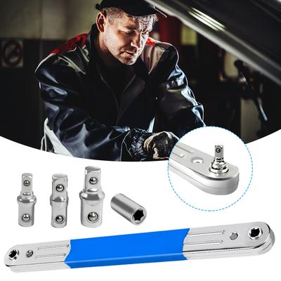 Impact Ready Offset Ratchet Spanner with 1/2 1/4 3/8inch Square Drive Adapters Tight Reach Extension Wrench Set for Tight Spaces