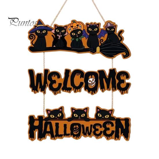 Elegant Natural Wood Sign Halloween Wooden Door Sign, Black Cats Broom Front Hanger, Rustic Nordic Style Hanging Welcome for Home Window Wall