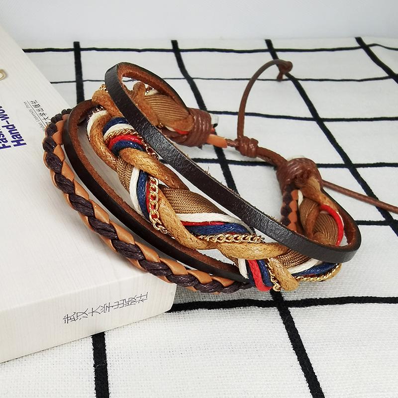 Adjustable European  American Style Handmade Multi-layer Cowhide  Cotton Wax Cord Bracelet