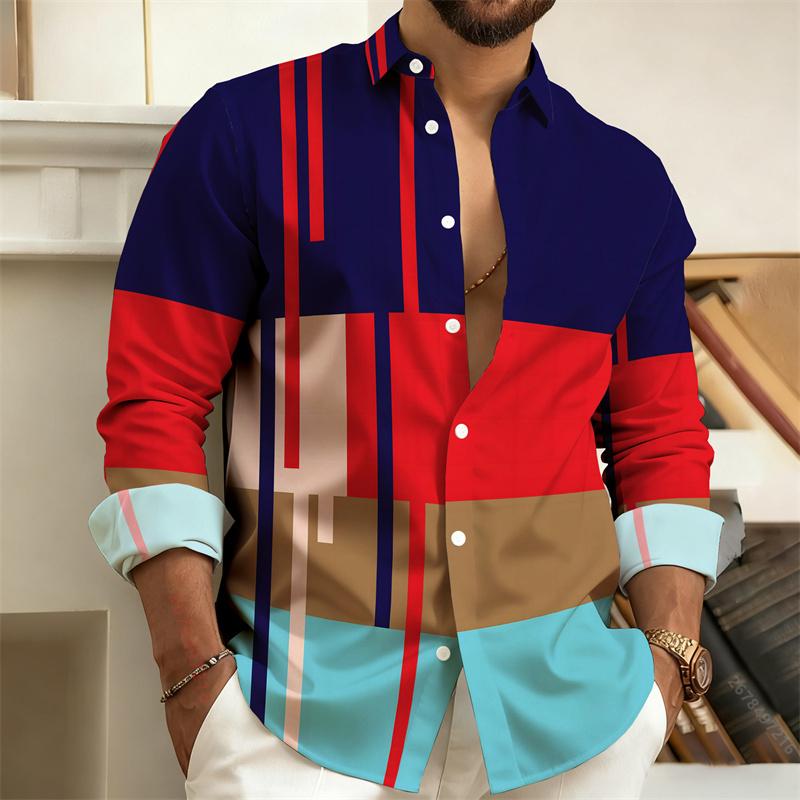 Men's Color-Blocked Striped Long-Sleeve Shirt, Retro Style Business Casual Shirt, Slim Fit Men's Trendy Top