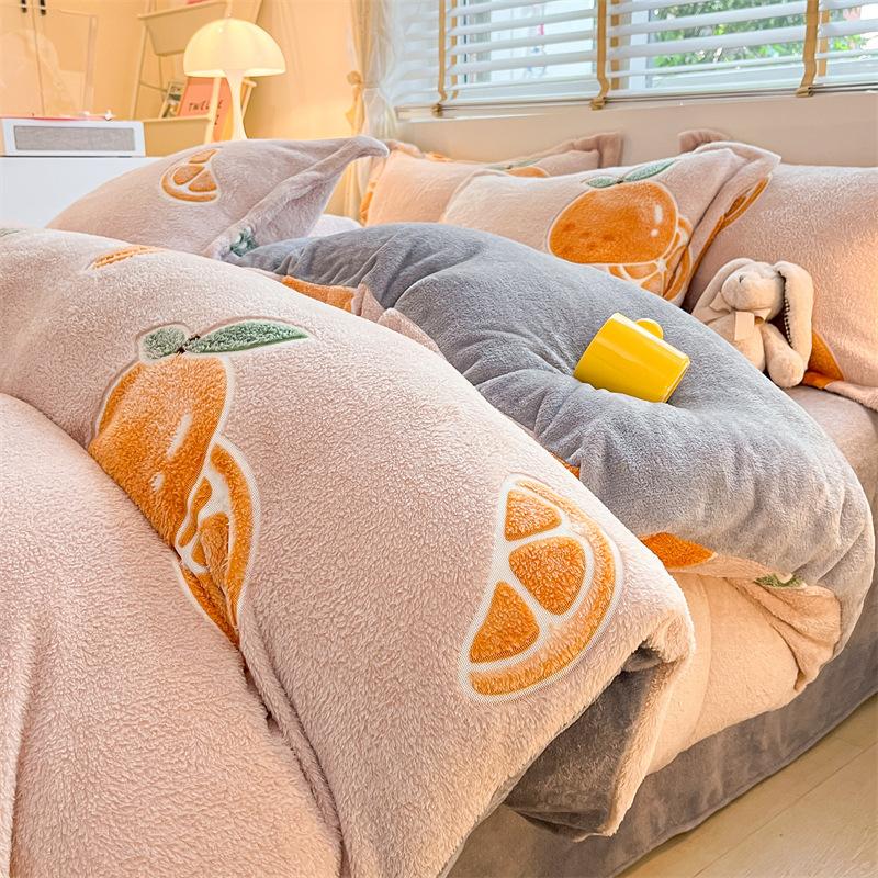 Cartoon Coral Fleece Four-Piece Set, Thickened Milk Fleece Sheet Quilt Cover, Snowflake Fleece Bed Three-Piece Quilt Cover