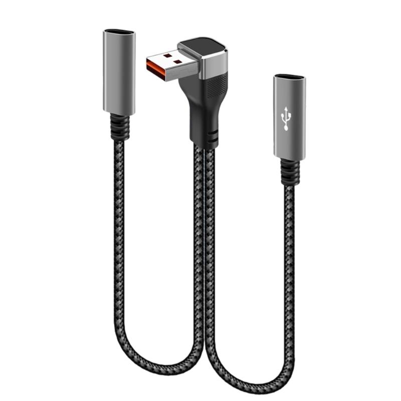 Nylon Braided USB Extension Cord USB to Type c USB Splitter 66W Power Delivery 90Degree Bend Design for Compactly Space