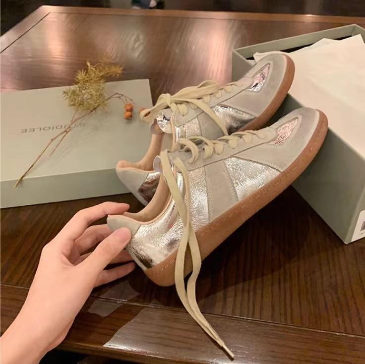 Silver Dexun shoes women's new color matching leather casual shoes inner heightening lace-up flat baseplate shoes Forrest Gump shoes