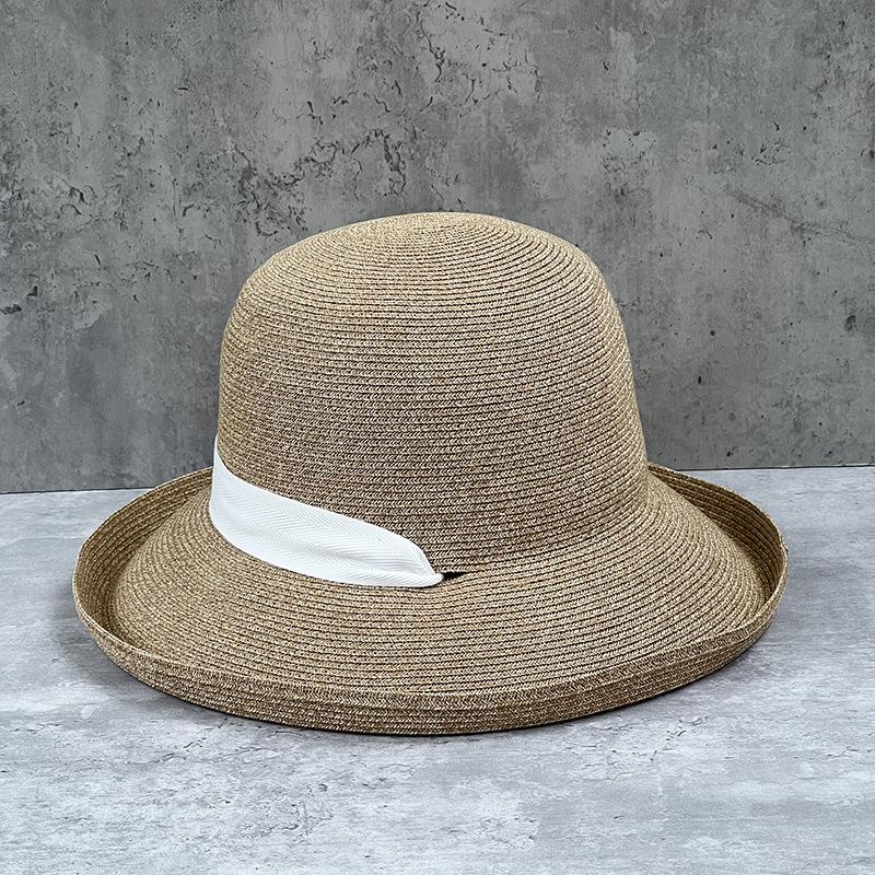 Japanese Straw Hat Women'S Foldable Sunscreen Hat Crimped Basin Hat Bucket Hat Sun Hat Summer Hat Long Strap