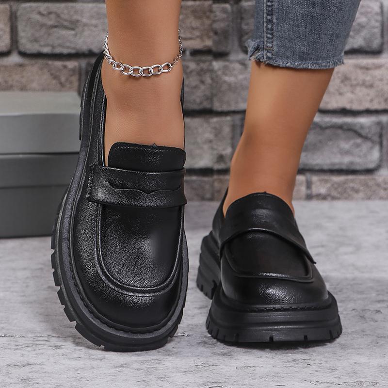 

Fashion British Style Black Platform Loafers Women Spring Autumn Slip On Pu Leather Shoes Woman Metal Chain Thick Bottom Student Shoes 35