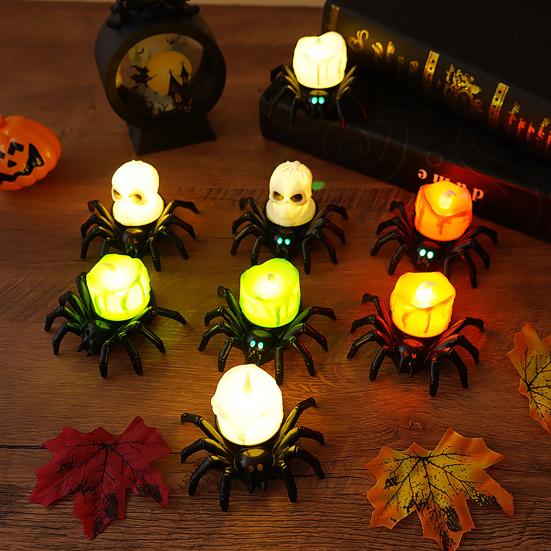 Halloween Spider Tea Lights LED Flameless Spider Candle Holder Light Battery Operated Spider Eyeballs Lamp for Home Decoration