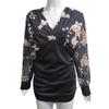 Women Lace Patchwork Long Sleeve Blouse Elegant Deep V Neck Slim Fit Pullover Top Office Lady Embroidery Floral Blouse