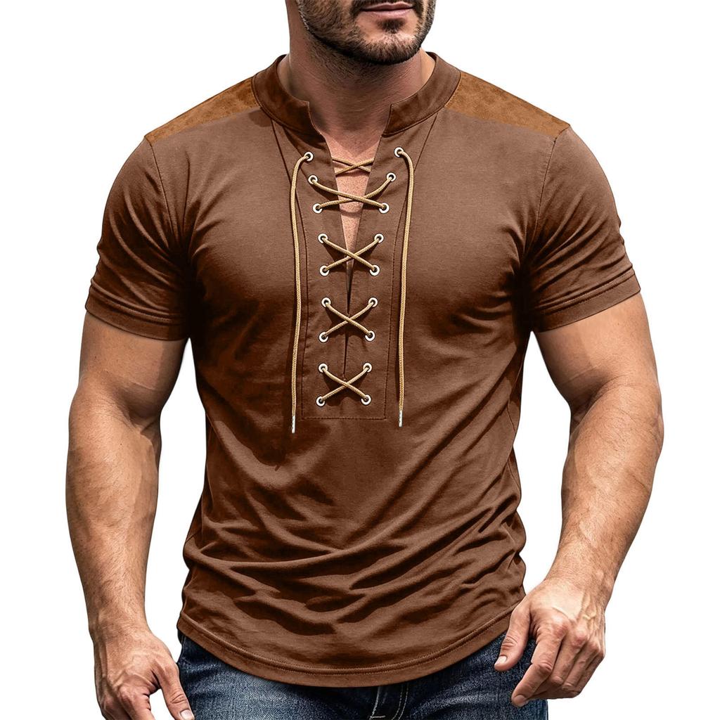 Men's Vintage V-Neck Shirt with Button Placket Short Sleeve Casual Summer Top