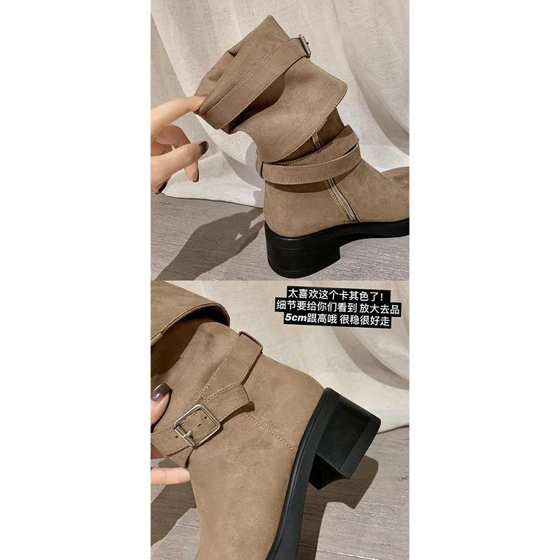 Cowhide Version~ Fold Two Pairs of Boots Pleated Thick Heel Western Boots Desert High Elastic Boots Women's Stacking Boots