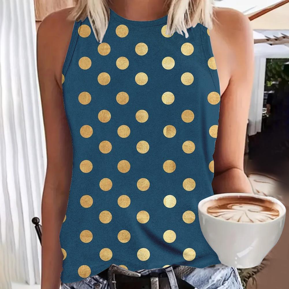 Women's 3D polka dot printed sleeveless T-shirt, round neck off shoulder retro casual vest, Y2K sleeveless top, T-shirt, women's clothing