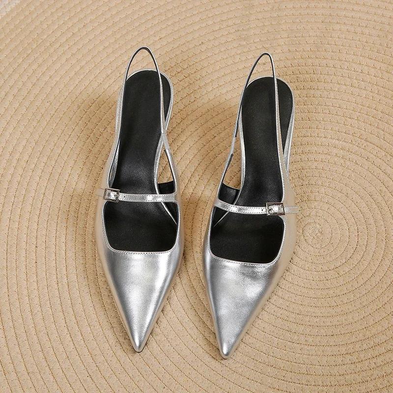 Patent Leather Pointed Toe Mid-heel Pin Buckle Back Hollow Women's Slip-on Sandals Solid Color   Shoes for Women