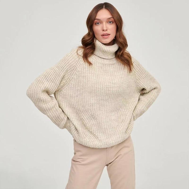 Women's Thick Knitted Turtleneck Sweater - Autumn/Winter Solid Color, Medium-Length, Casual Style.
