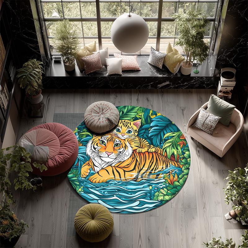 Bamboo Forest Tiger,Round Area Rug,Carpet Rug for Living Room Bedroom Sofa Playroom Decor,Non-slip Floor Mat