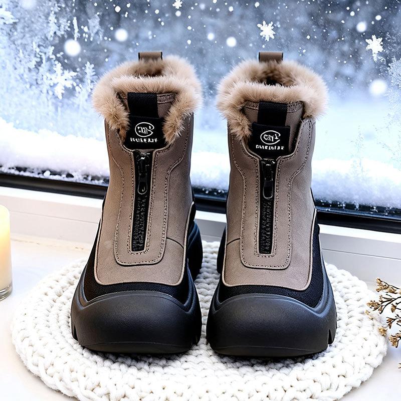 Women's Retro Zipper Fashion Lightweight Soft Sole Winter Warm Plush Snow Boots Lined with Fleece Non-slip Casual Sports Cotton Boots