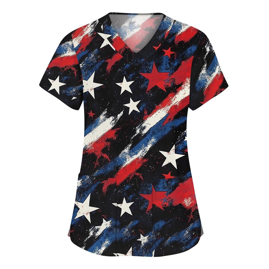 Women's Fashion V-neck Short Sleeve Workwear With Pockets Printed Tops