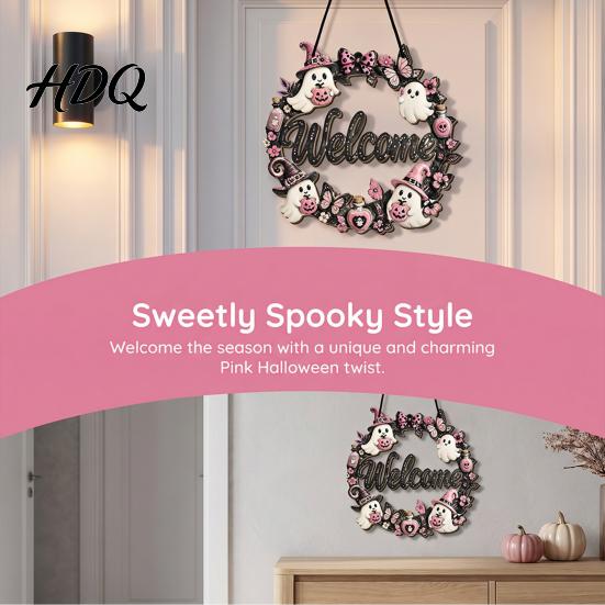 Rustic Porch Hanging Sign Halloween Pumpkin Ghost Wooden Welcome Door Hanger Sign Cute Wall Ornament with Bell 3D Floral Art Rope Decor for