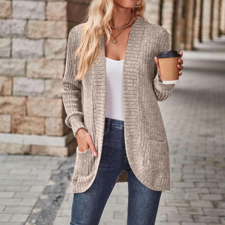 Ladies Long Sleeve Solid Color Cardigan Sweater Coat Top for Women