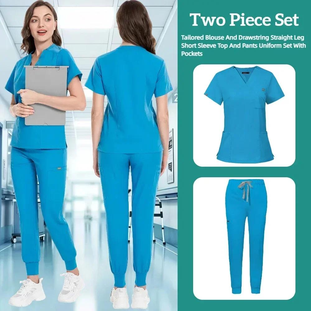 Zdravotnický uniformní oblek Krátký rukáv V-výstřih Topy+jogger kalhoty Set Ošetřovatelská uniforma Dámská Vícebarevná Pet Doctor Scrub Lékařské pracovní oblečení