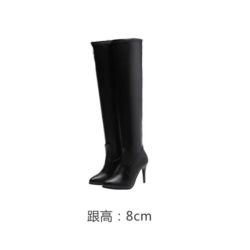 Women's Leather High Boots Autumn Winter Sexy Thin High Heels Black Over The Knee Boots Pointed Plush Warm Long Botas Femininas