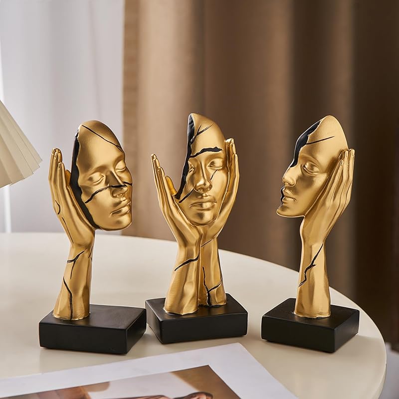 3 Pcs Gold Thinker Statues Sculptures for Home Decor, Golden Statues Table Decor Accents, House Decorations for Living Room Bedroom Office, Bookshelf