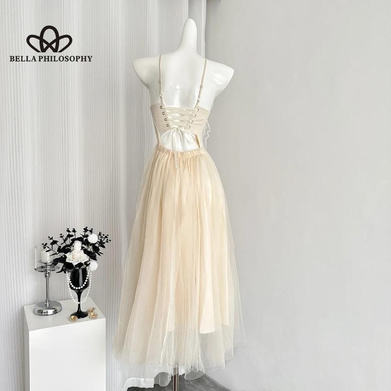 Süßes Maxikleid mit Spaghettiträgern und Schleife im französischen Stil aus Tüll für den Sommerurlaub – schickes ärmelloses Kleid für Damen
