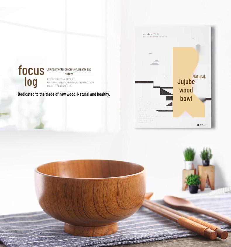 Handmade Japanese-Style Solid Wood Bowl Set for Family and Children - Large, Lacquered, Retro Design, Thickened for Rice and More