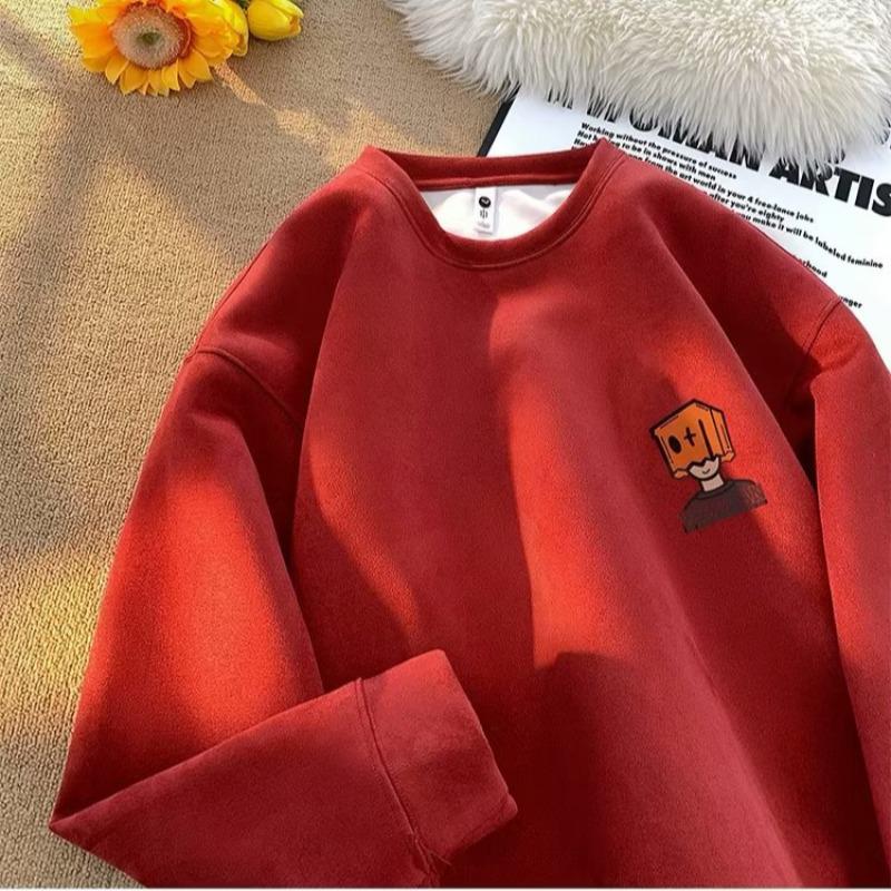 

Мужской тяжелый ретро-пуловер: Осенне-зимняя толстовка с круглым вырезом на бархатной подкладке L красный