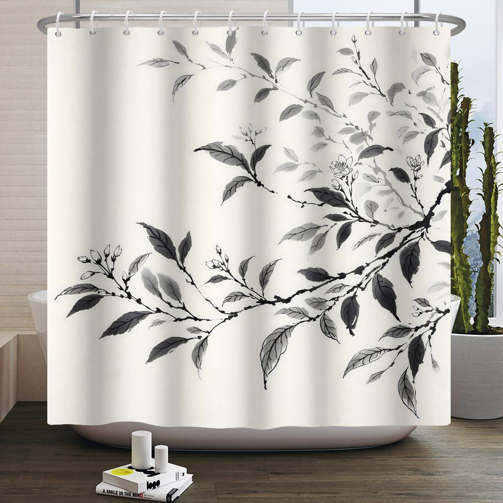 Green Eucalyptus Shower Curtain Watercolor Plant Leaves Bathroom Decoration Waterproof White Fabric Bath Curtain With 12 Hooks