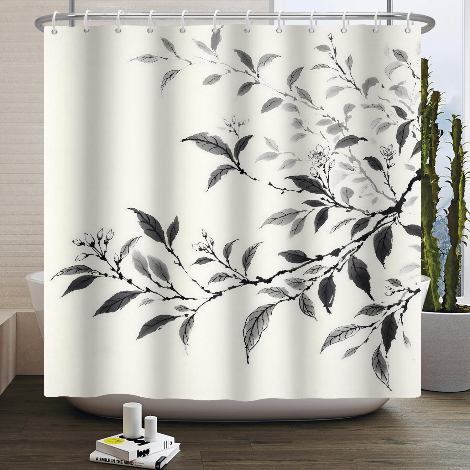 

Green Eucalyptus Shower Curtain Watercolor Plant Leaves Bathroom Decoration Waterproof White Fabric Bath Curtain With 12 Hooks W60H190(CM)-1 Pcs