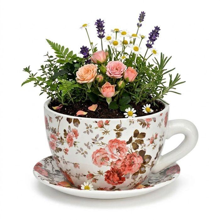 Vase / pot de fleurs (tasse) - EDEN - 15x20 cm - Céramique - Motif floral - Rose