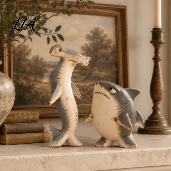 Whimsical Home Accents Funny Shark Duo Figurine, Resin Standing Desk Ornament for Office Accessories Living Room Bedroom Table Decor, Cute Collectible