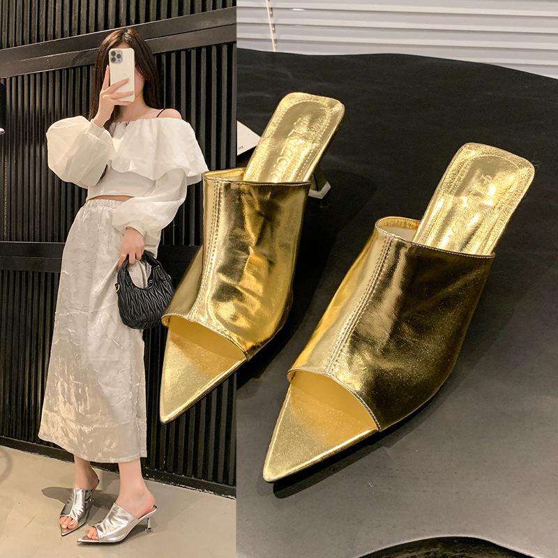 Female Shoes Gold Sandals Slippers Heels Pointed Toe Slides Low 2025 High Thin Rome PU Rubber Fabric Hoof Shoes Woman 2025