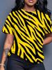 Women's Bright Yellow and Black Zebra Print T-shirt- Soft and Breathable Fabric. Short Sleeves. Round Neck. Machine Washable- Perfect for Casual. Part