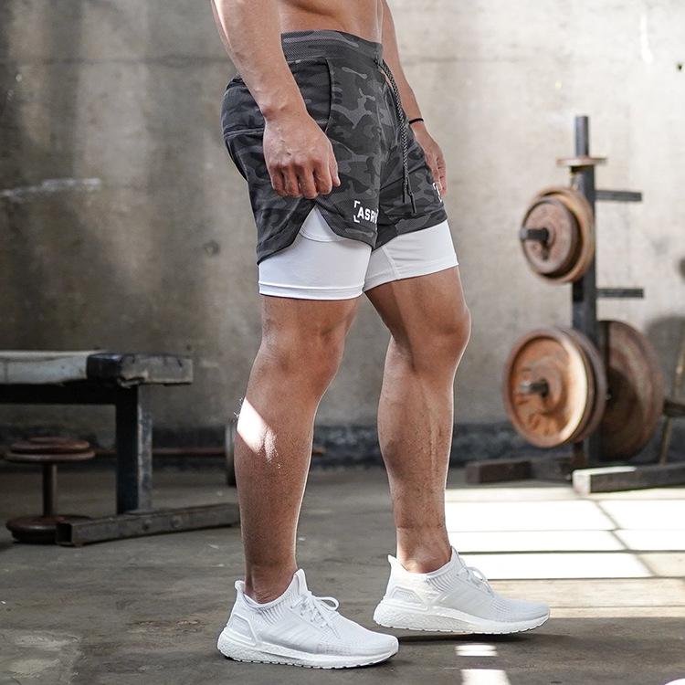 Shorts de Corrida ao Ar Livre Masculino Plus Size com Camada Dupla e Múltiplos Bolsos