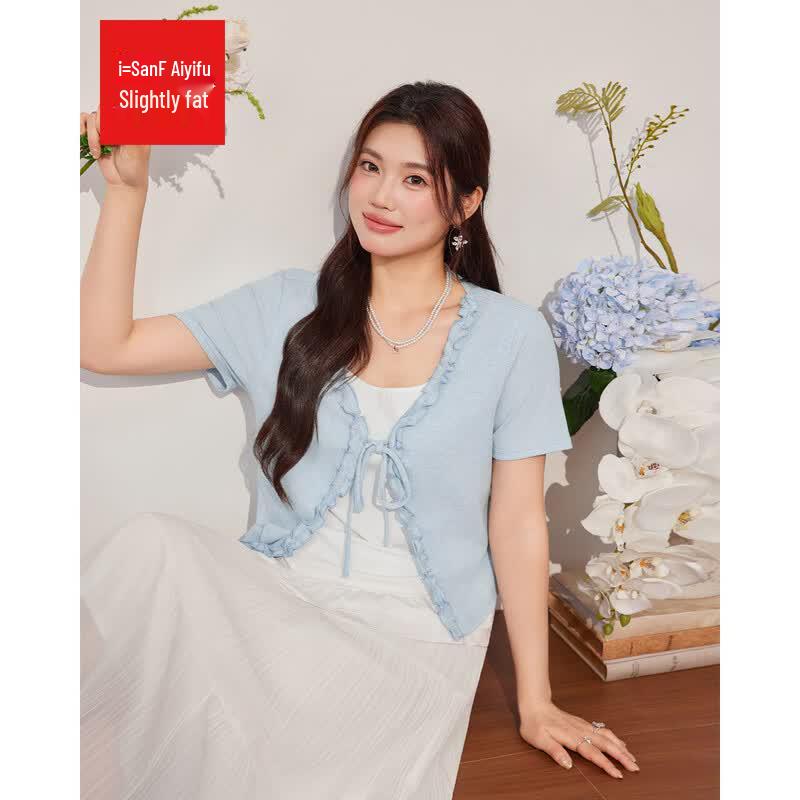 IEF Summer Korean Style Color-block Ruffle Short-Sleeve Top M синий