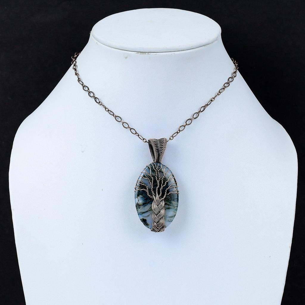 Pěkný strom života mechový achát drahokam čistá měď drát oplet ručně vyráběný šperk přívěsek